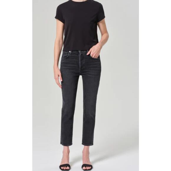 Agolde Denim - AGOLDE dark wash Riley high rise straight crop button fly denim jeans Panoramic